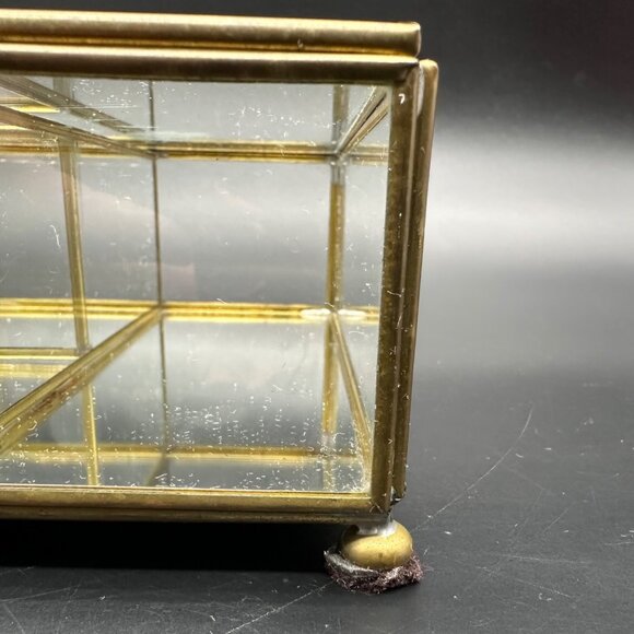 Vintage Glass Mirrored Jewelry Box Brass Etched Floral Mexico Storage Vanity - Picture 9 of 13